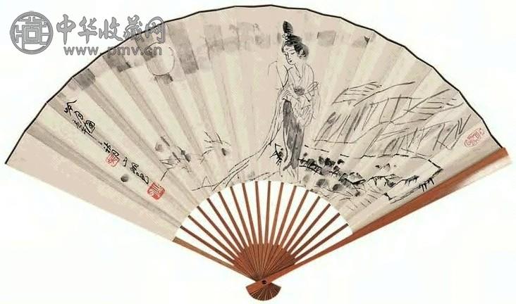 吴山明 1990年作 吟月图并行书 扇面 水墨笺本