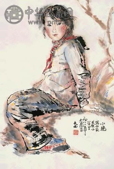 刘文西 山村少女图 立轴 设色纸本
