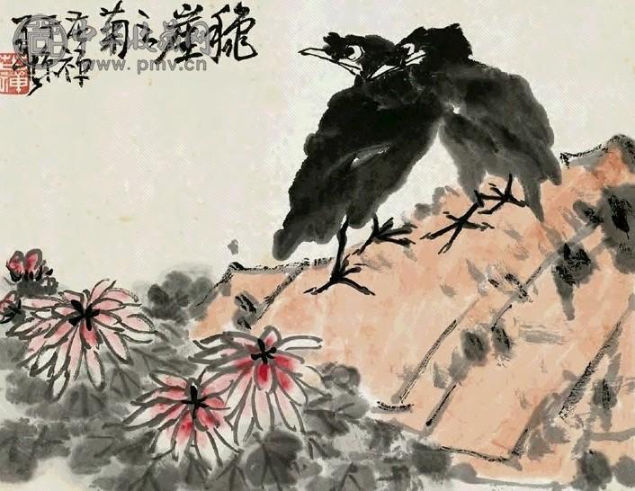 近现代 李苦禅 秋崖之菊 轴