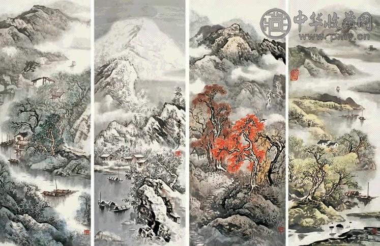 秦岭云 山水 四屏 设色纸本