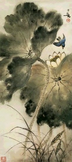 黄幻吾 荷花小鸟 立轴 纸本设色