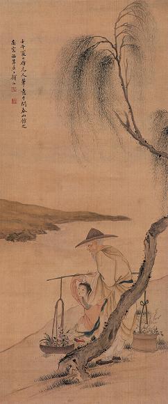 顾洛 壬午(1822年)作 担花图 立轴 设色绢本