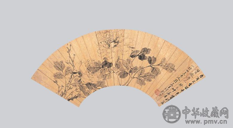 张熊 牡丹 扇面 金笺