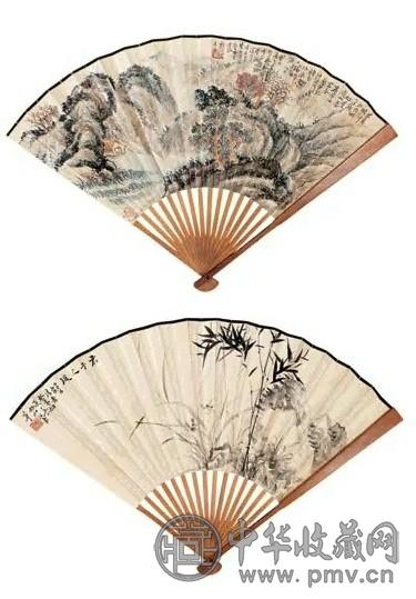 樊浩霖 汪东 癸未(1943年)作 山水 兰竹 成扇 设色笺本
