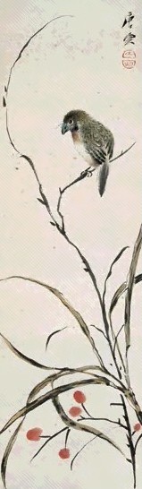 唐云 秋叶小鸟 立轴 设色纸本