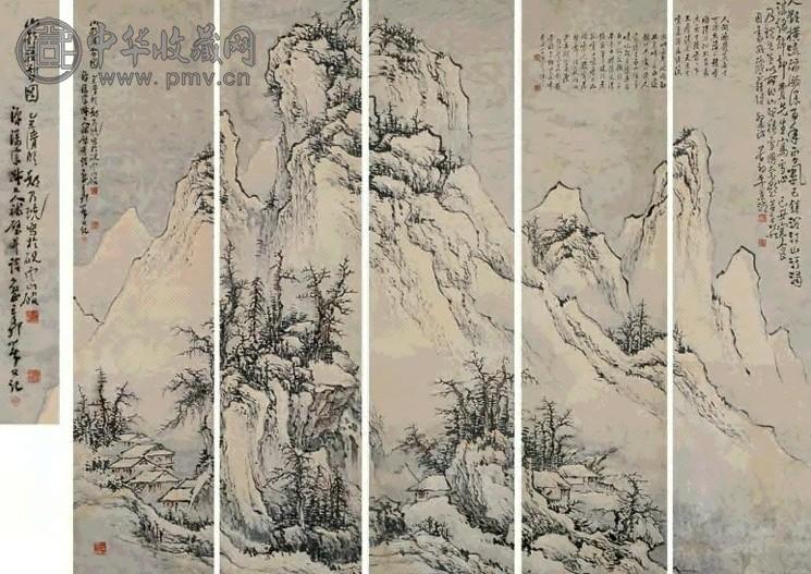 郑乃珖 山村积雪图 一堂五通 景屏 设色纸本