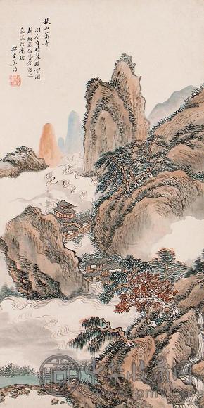 姜筠 秋山萧寺 立轴 设色纸本