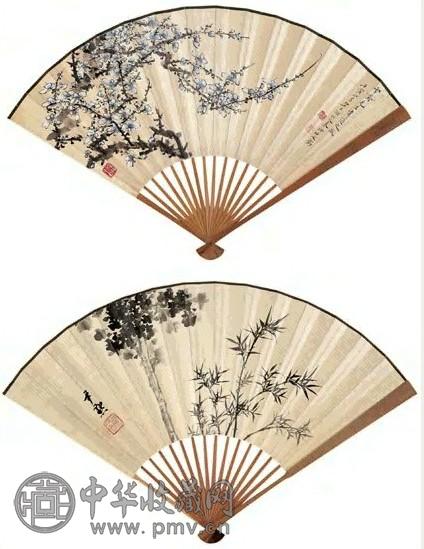 秦仲文 壬寅(1962年)作 梅花图、梧桐丛竹图 成扇 设色纸本、水墨纸本