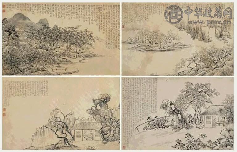 金农 仿古文意山水 四帧 镜心 水墨纸本