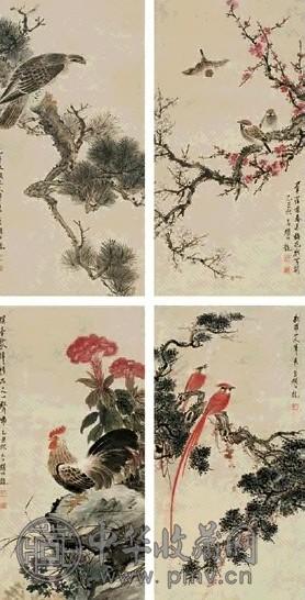 颜伯龙 花鸟 四屏 纸本