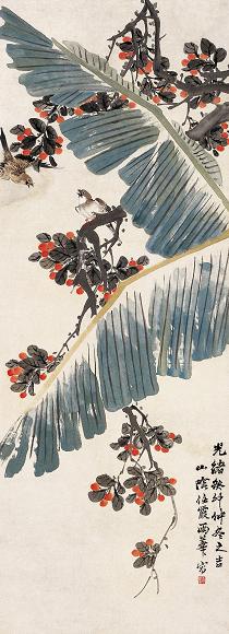 任霞 1903年作 蕉荫双雀图 立轴 设色纸本