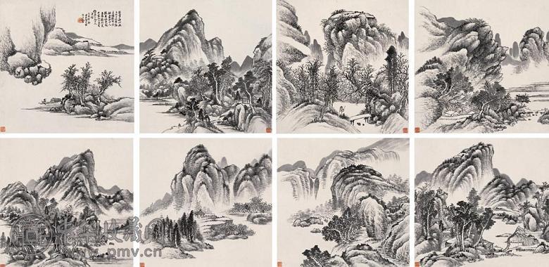 何维朴 己酉(1909年)作 山水 册页(8开) 水墨纸本