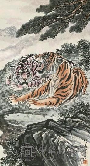 胡爽庵 松崖虎啸 立轴 设色纸本