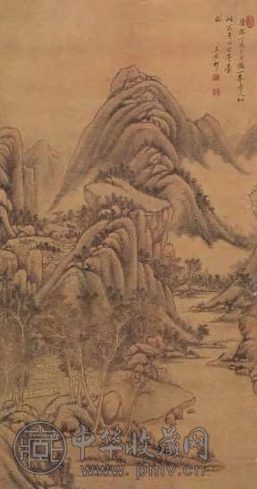 王原祁 康熙丁亥(1707年)作 仿一峰老人山水 立轴 设色绢本