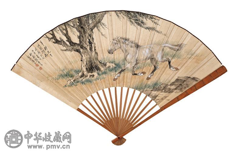 熊松泉 1942年作 春柳白驹 成扇 设色纸本