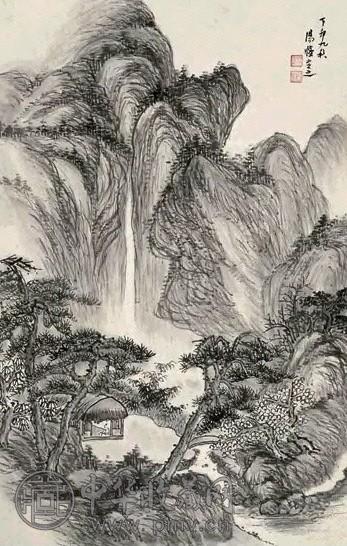 汤涤 丁卯(1927年)作 松山观瀑 镜心 水墨纸本