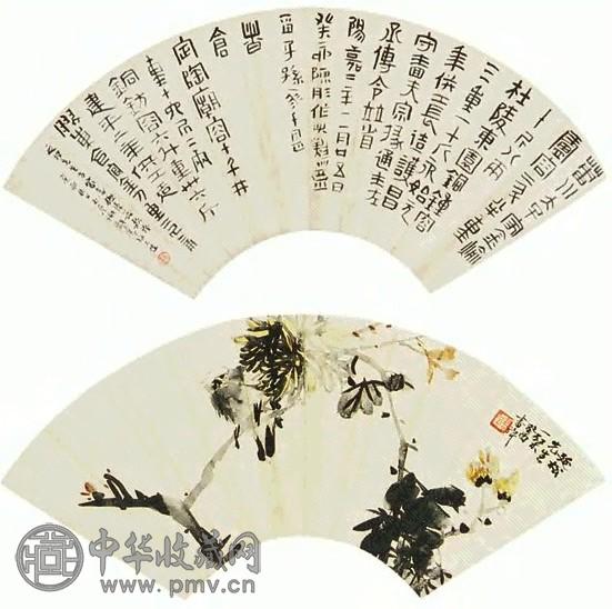 张书旂 谢玉岑 花鸟 书法双挖 立轴 纸本