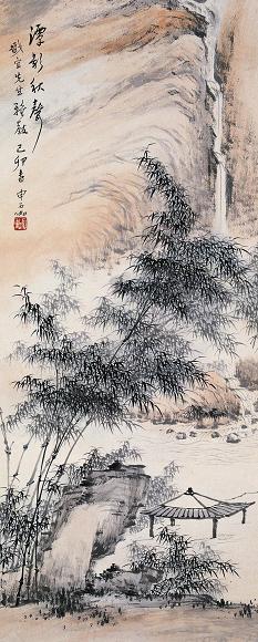 申石伽 潭影秋声图 立轴 设色纸本