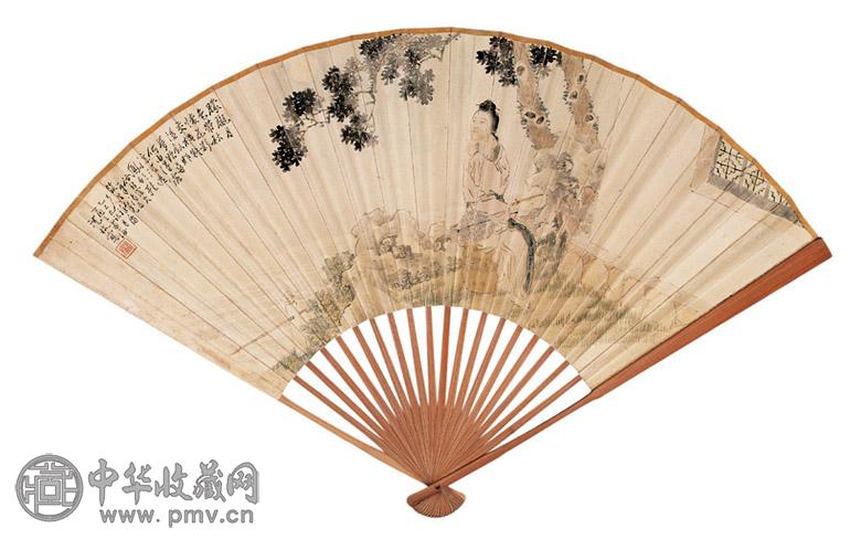 沈心海 杨岘 1905年作 月色秋怀 隶书 成扇 设色纸本