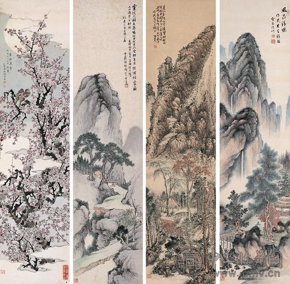 屈兆麟 林纾 陈半丁 溥伒 壬戌(1922年)作 花卉山水 四屏 设色纸本