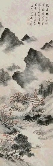 吴华源 古寺钟声图 立轴 设色纸本