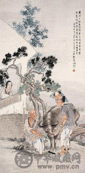 沈心海 丙寅(1926年)作 绿荫论古 立轴 设色纸本