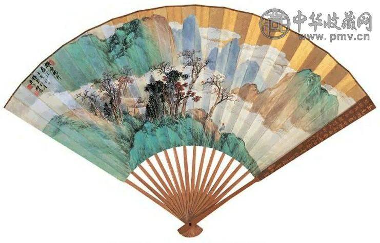 近现代 祁崑 秋山红树 扇面