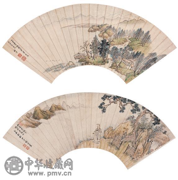 杨晋 乙丑(1685年)、乙未(1715年)作 山水 人物 扇面 设色纸本