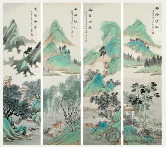 近现代 黄山寿 青绿山水(4屏)