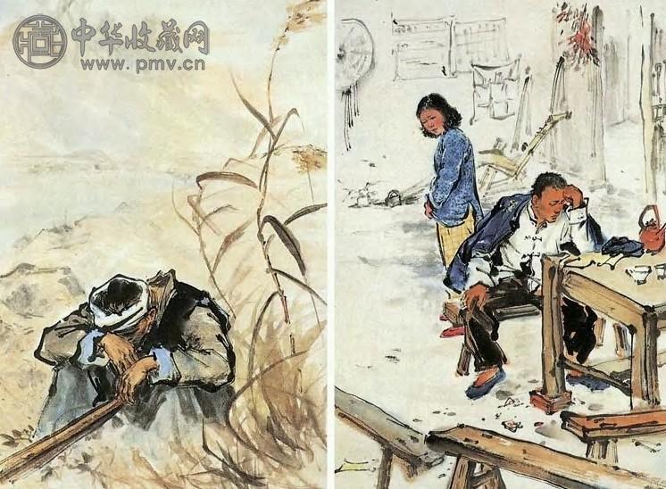杨之光 近代 山乡风云插图 镜心(7幅选2)