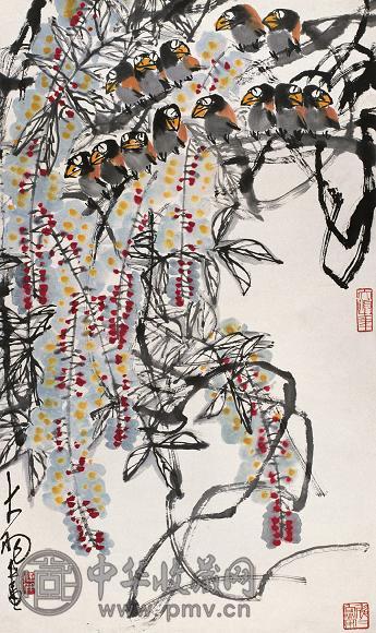 陈大羽 紫藤腊嘴 立轴 设色纸本