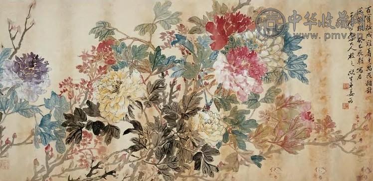 姜筠 万花相对图 横披 设色绢本