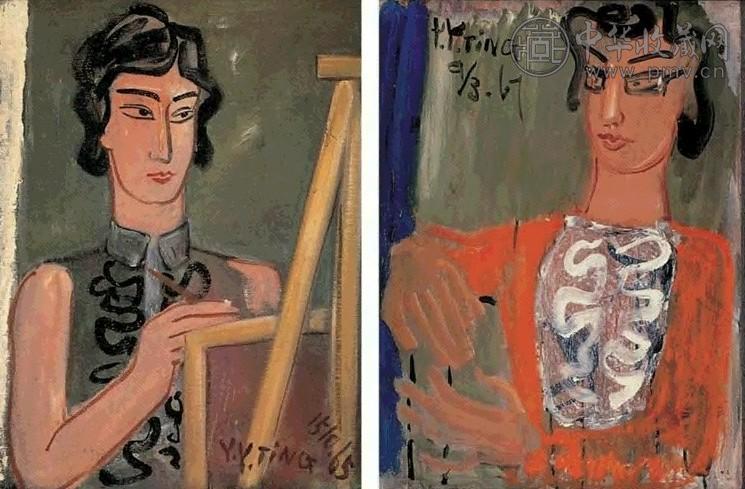 丁衍庸 1965-1967年作 女画家；仕女(双面) 油画/帆布板/木板