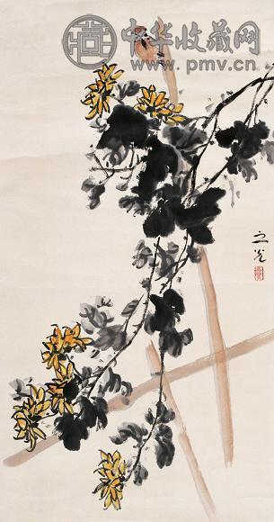 谢之光 菊鸟 立轴 设色纸本