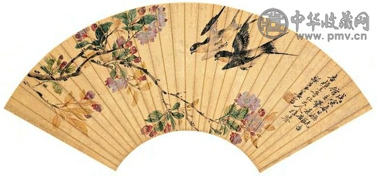 姜筠 戊寅(1878年)作 桃花春燕 扇面 设色纸本