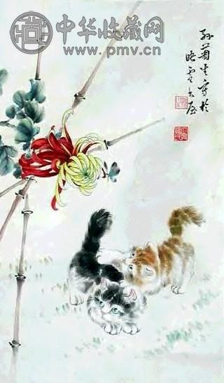 孙菊生 花卉猫 立轴 设色纸本