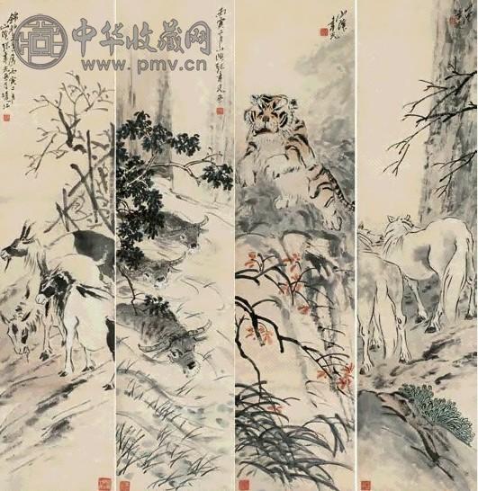 张聿光 1926年作 祥兽屏 立轴 设色纸本