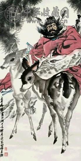 近现代 刘国辉 钟馗双鹿 镜心