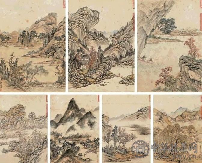 董诰 弘旿 方琮等 山水 册页(8开选7) 设色绫本