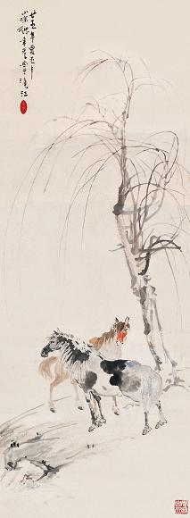 张聿光 1925年作 柳荫双骏 镜心 设色纸本