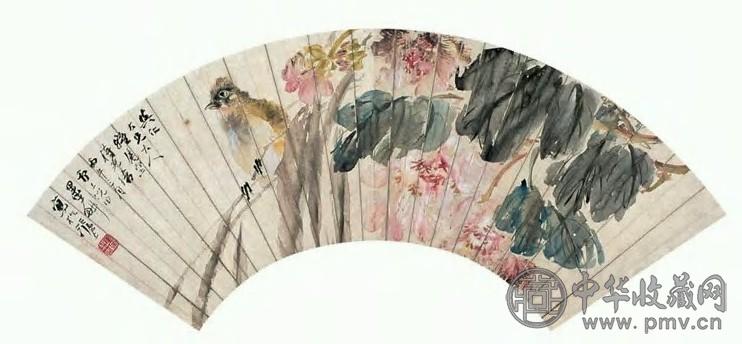 倪田 丙午(1906年)作 芙蓉小鸟图 扇面 设色笺本