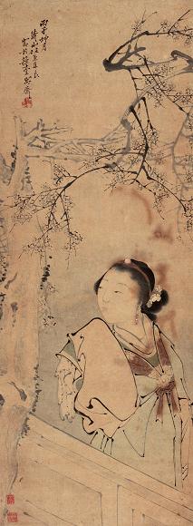 任薰 1876年作 仕女梅花图 立轴 设色纸本