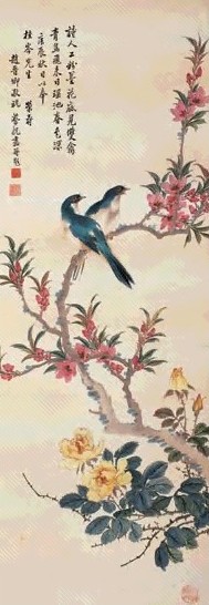 蔡铣 1940年作 桃花双雀图 轴 设色纸本