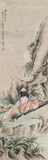 改琦 丁亥(1827年)作 停琴待月 立轴 设色纸本