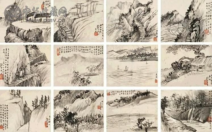 吕凤子 1942年作 蜀道风光(12幅) 镜心 水墨纸本