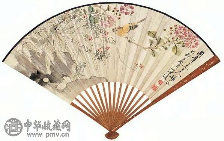 汪溶 1939年作 繁英黄雀 成扇 设色纸本
