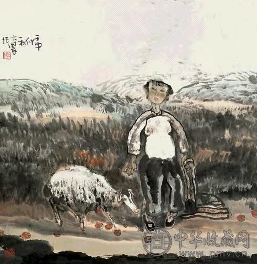施大畏 1992年作 女孩与羊 立轴 设色纸本