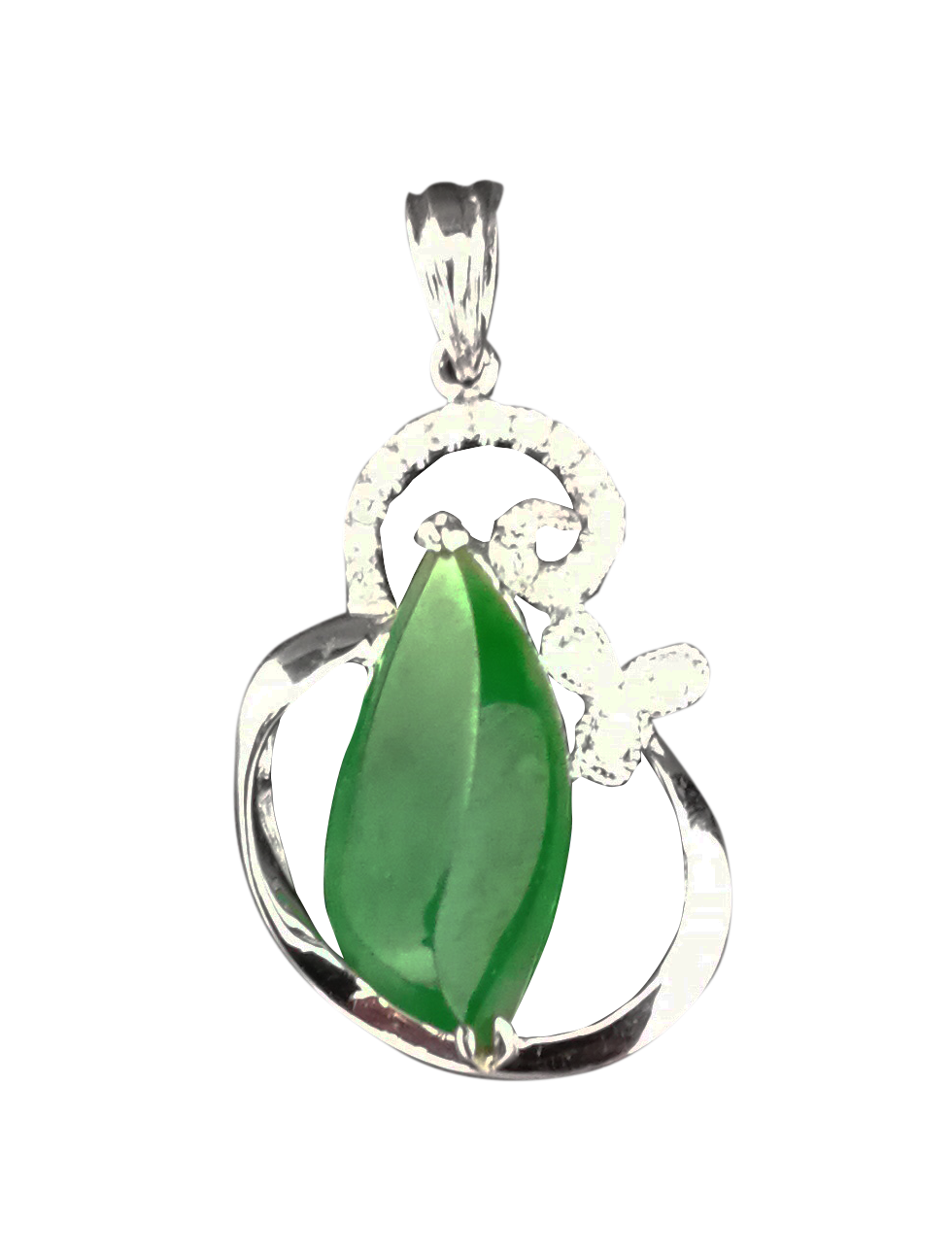 翡翠柳叶形白金镶钻挂饰