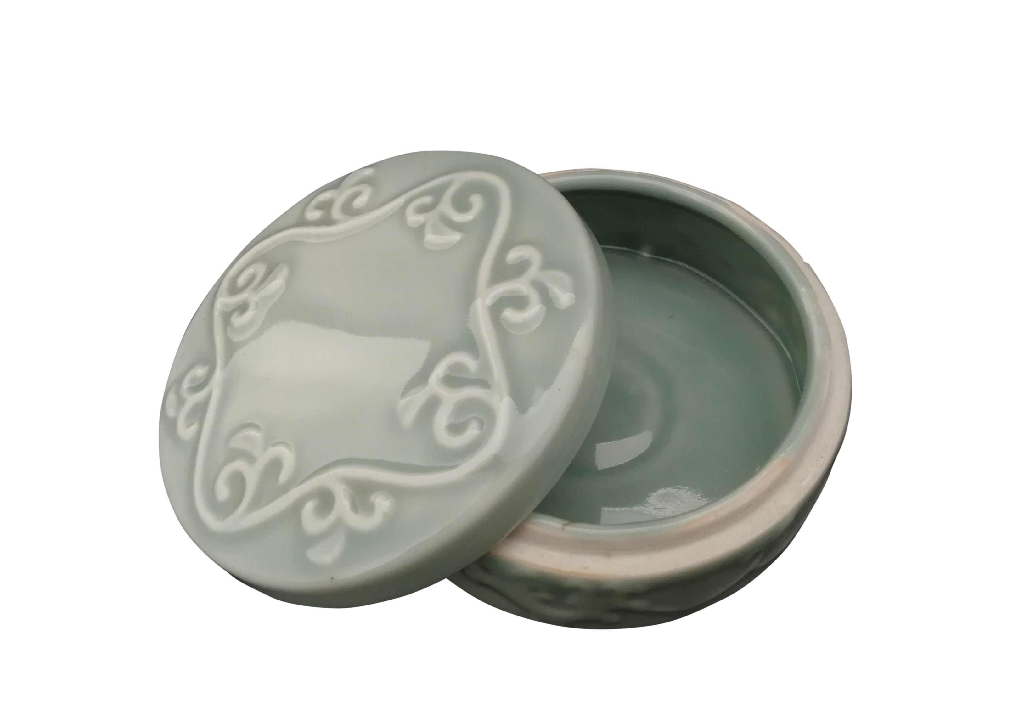 粉青卷草纹胭脂盒