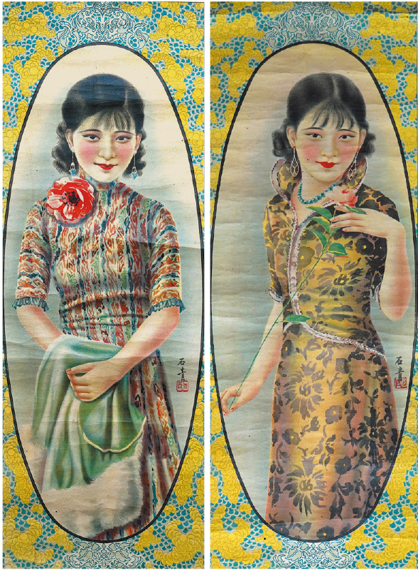民国石青作美女挂屏一组2件 民国石青作美女挂屏一组2件